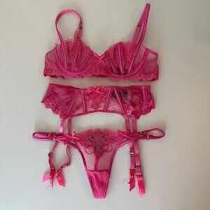 Honey Birdette Natalie Pink Bra, Suspender, Panty SET
